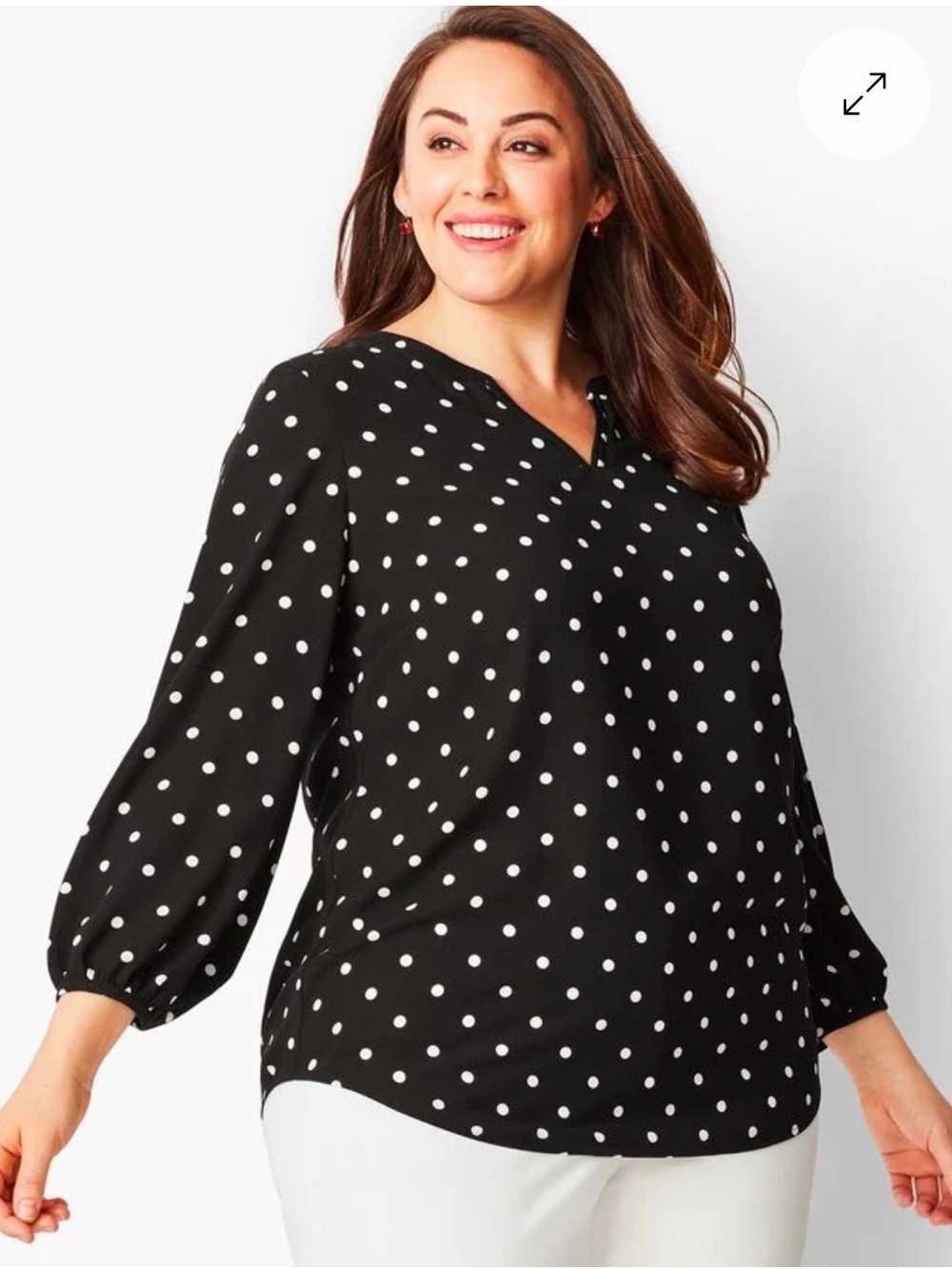 Talbots Womens Petite 3XP Black White Polka Dot Blouse Notched Neckline Office